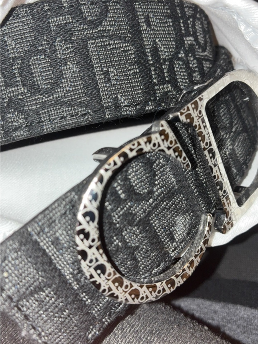 Dior Black Gray Monogram Canvas Belt with Silver Logo Buckle